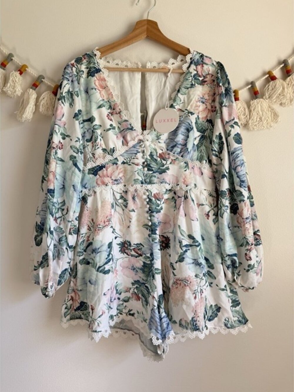 Luxxel No Love Lost Floral Pocketed Crochet Romper Cottage Coquette Feminine NWT